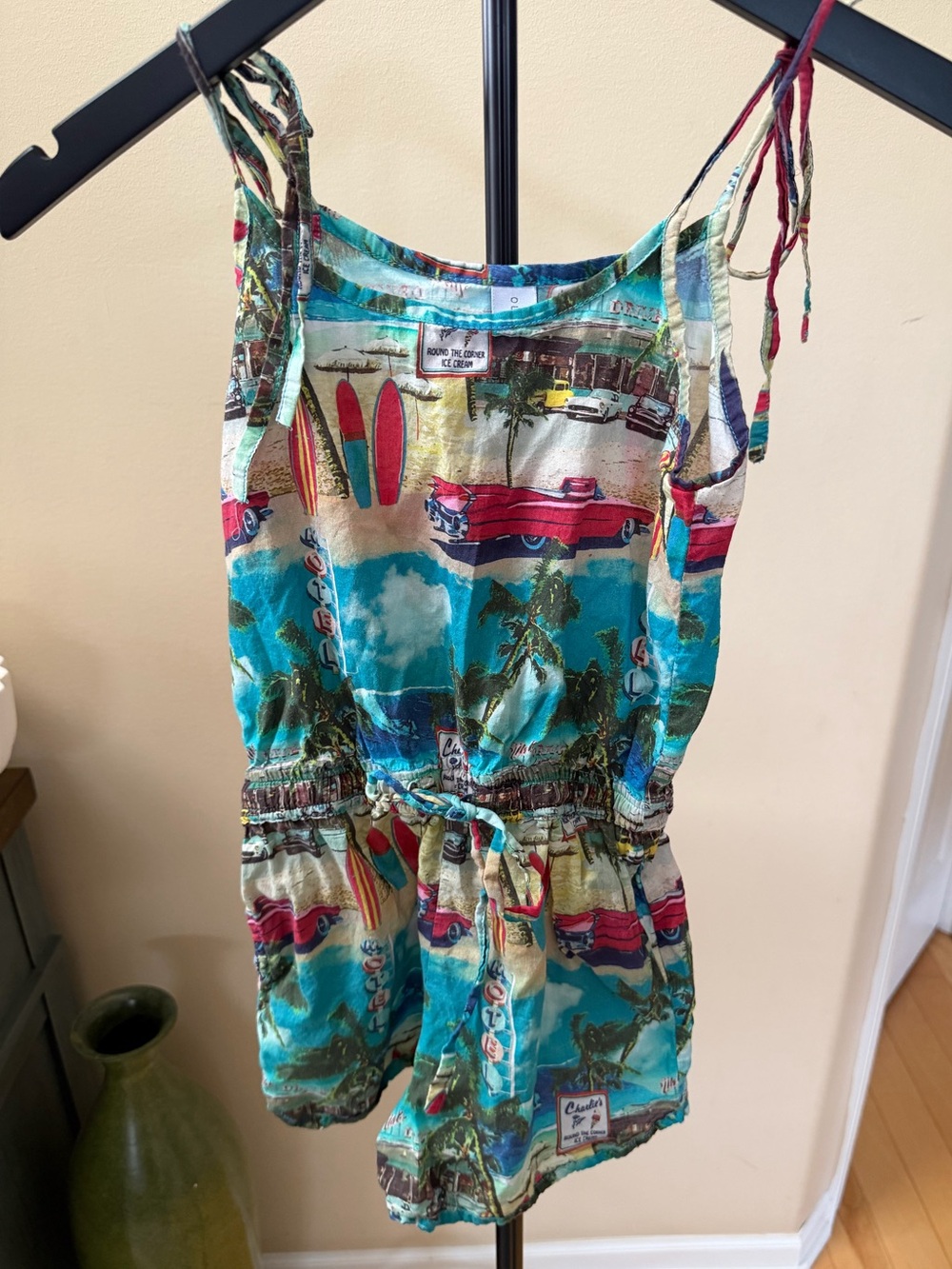 Olga Valentine Girls Sz 10 Romper Tropical Beach Surf Car Tie Strap Blue